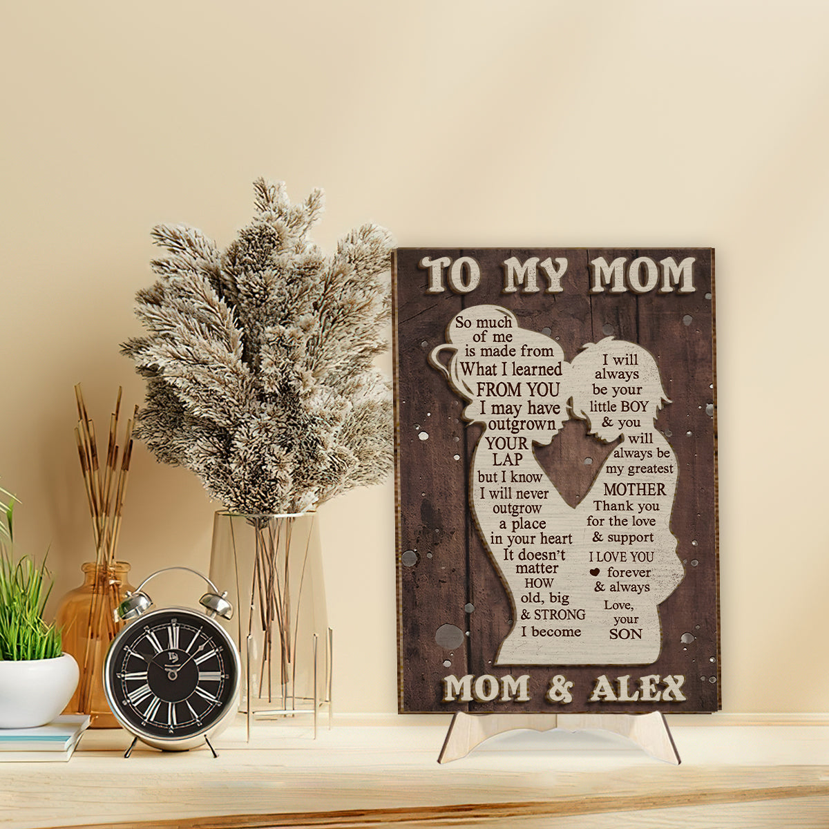 An meine Mama – Mutter-Kind-Silhouette – Personalisiertes zweilagiges Holzschild/Holzplakette