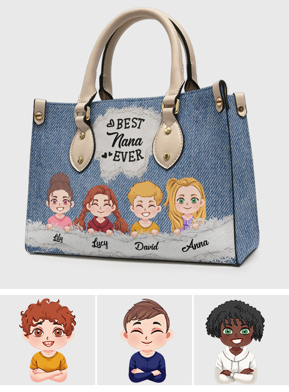 Best Nana Ever Denim Pattern - Personalized Grandma Leather Handbag
