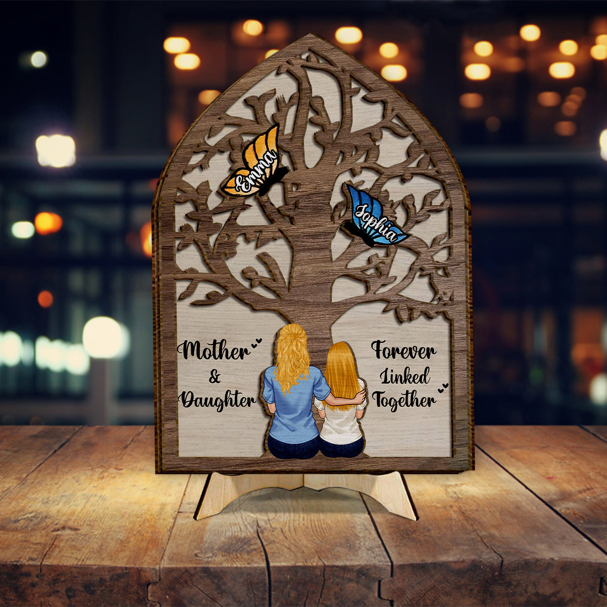 Mother And Daughter And Son Forever Linked Together Butterflies - Personalized Mother 2 Layered Wood Sign / Wood Plaque