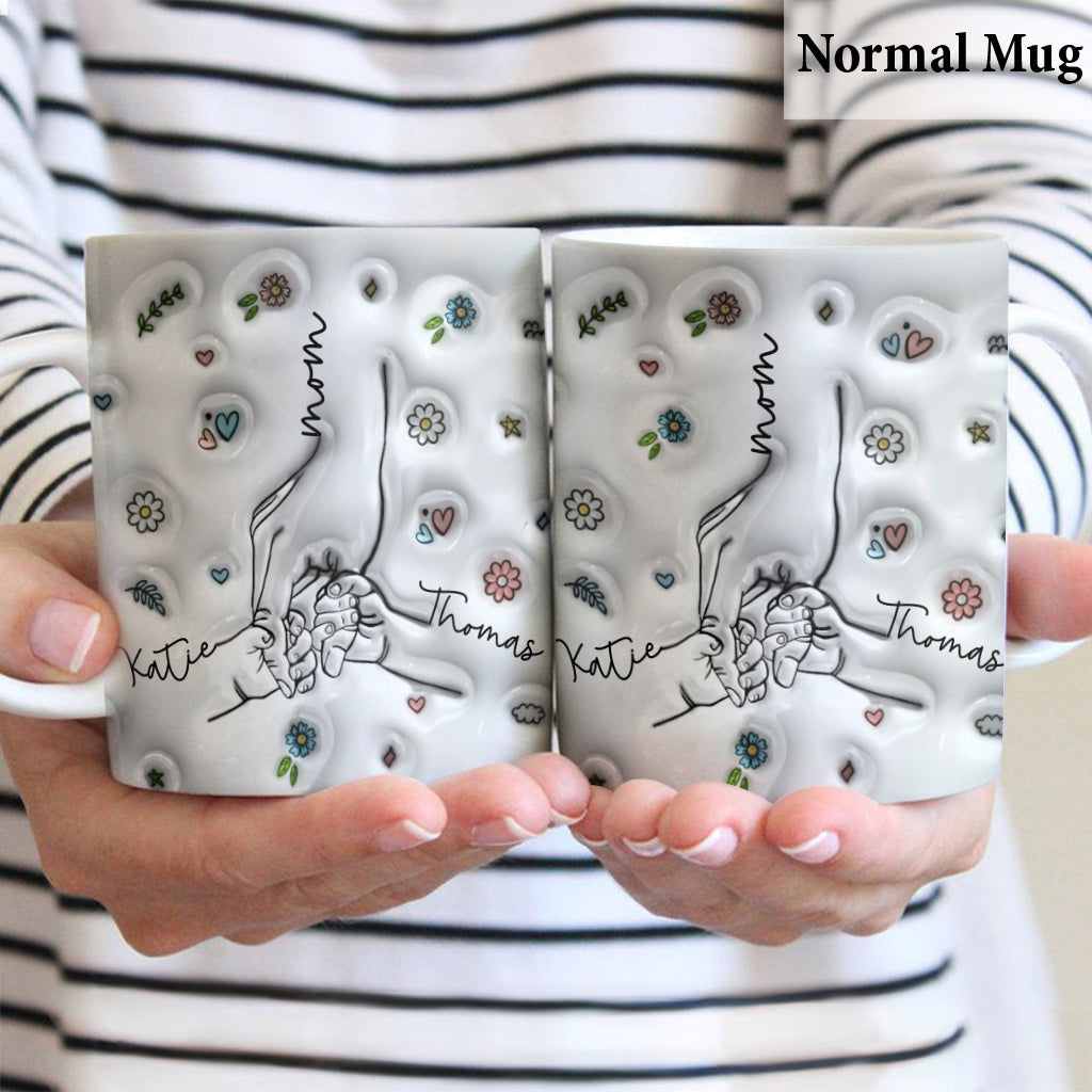 Mutter und Kind / Kinder, die Händchen halten – Personalisierte Muttertasse im Strichzeichnungsstil
