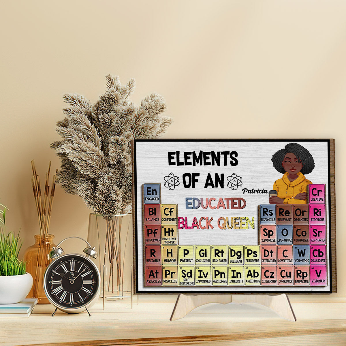 Elemente einer gebildeten schwarzen Königin – Personalisiertes zweilagiges Holzschild/Holzplakette für Afroamerikanerinnen