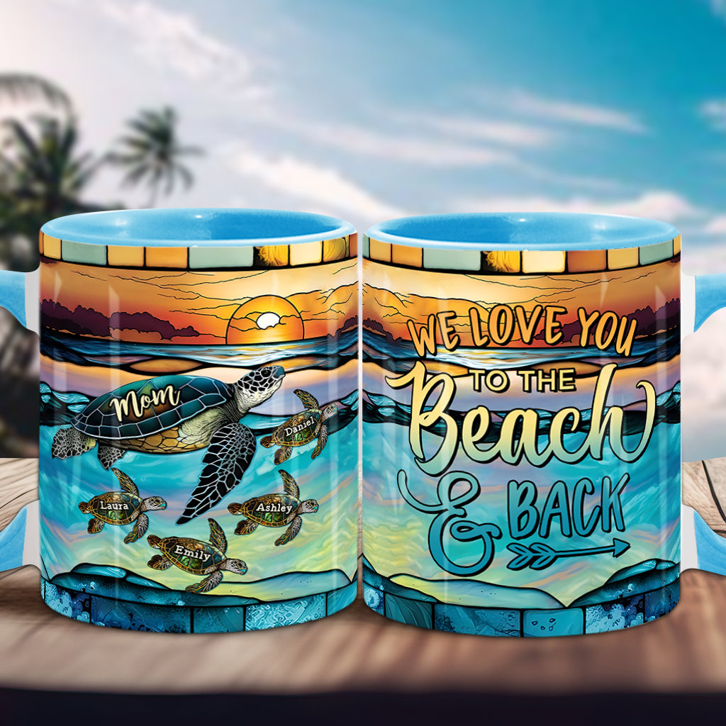 Ich liebe dich bis zum Strand und zurück, Schildkrötenmutter und Kinder – personalisierte Tasse mit Schildkrötenmotiv
