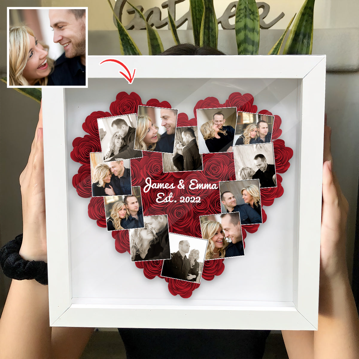 Romantisches Geschenk mit Herzfotos im Polaroid-Stil – personalisierte Blumen-Schattenbox für Paare