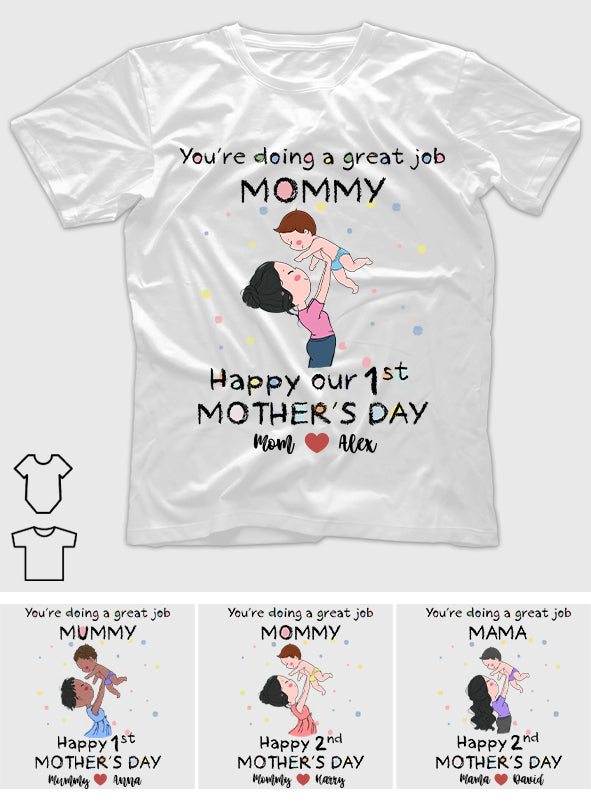 Du machst das super, Mama! Alles Gute zum Muttertag! - Personalisiertes Mutter-T-Shirt und Babybody