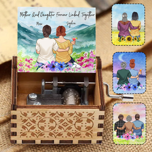 Mutter und Tochter für immer verbunden – Aquarelllandschaft – Personalisierte Spieluhr mit Handkurbel