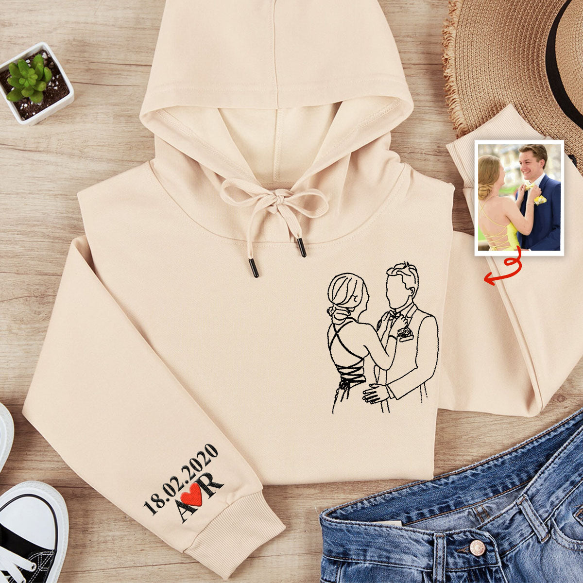 Individuelle Foto-Linienzeichnung – Personalisierter, bestickter Hoodie für Paare