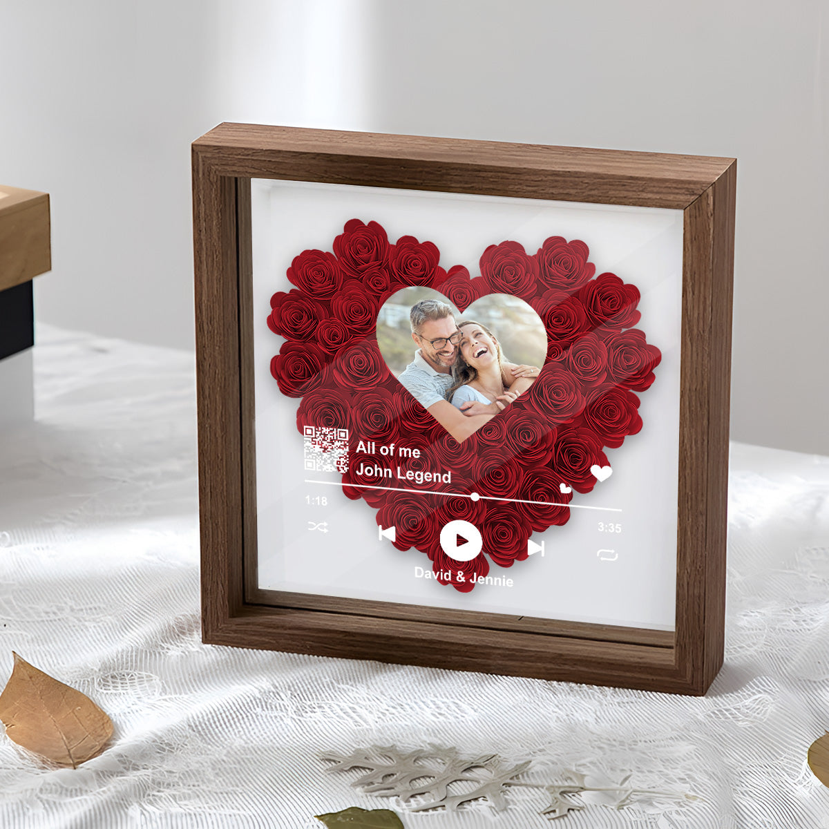 Personalisierter QR-Code mit Foto, Lieblingslied – personalisierte Blumen-Schattenbox für Paare