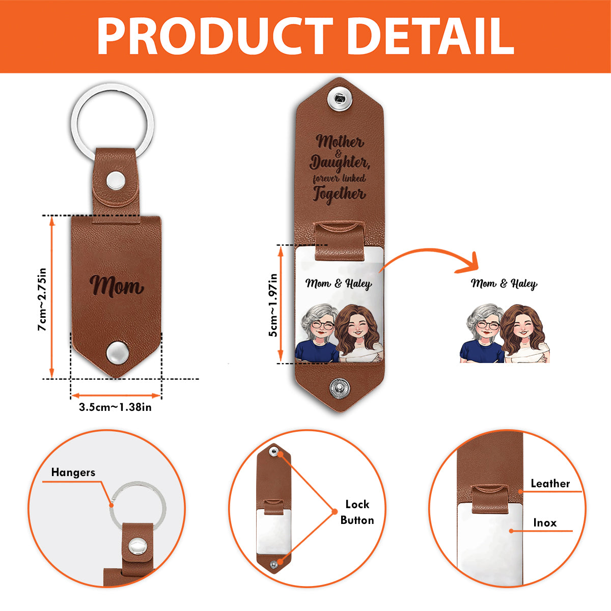 Mutter, Tochter und Sohn – für immer verbunden – Personalisierter Schlüsselanhänger mit Mutterfoto aus Leder