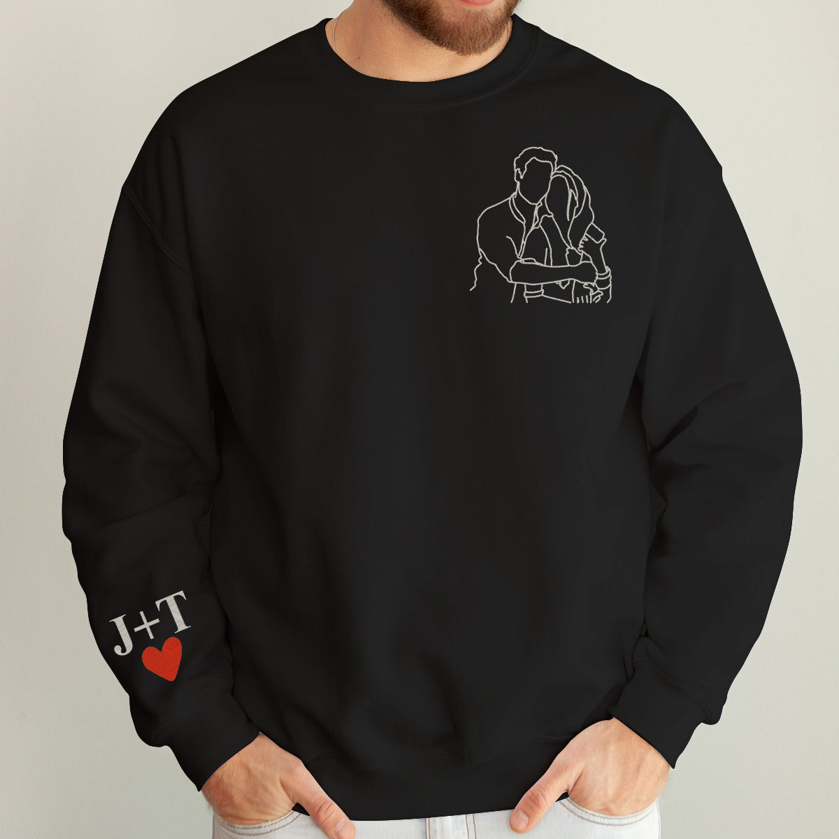 Individuelle Foto-Linienzeichnung – Personalisierter, bestickter Pullover für Paare