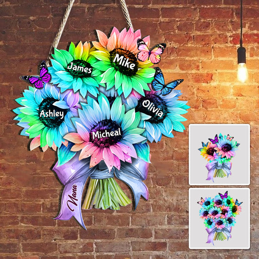 Sonnenblumenstrauß mit individuellem Titel und Namen – personalisiertes Holzschild „Oma“ in individueller Form