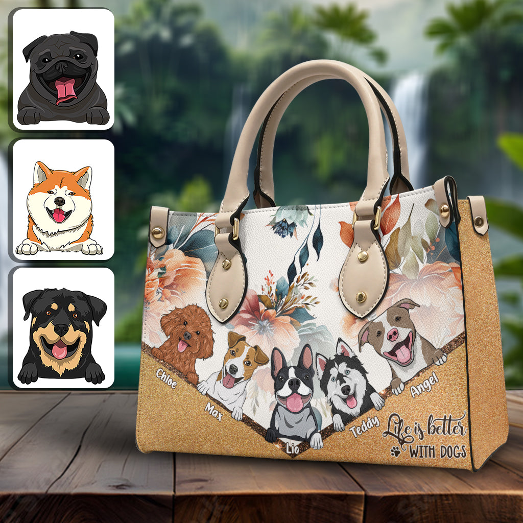 Das Leben ist schöner mit Hunden – personalisierte Lederhandtasche mit Hundemotiv