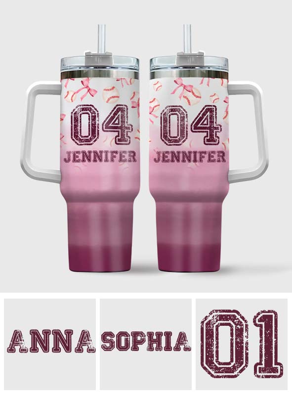 Baseball-Trinkbecher mit Henkel, personalisierbar mit rosa Farbverlauf und Schleife