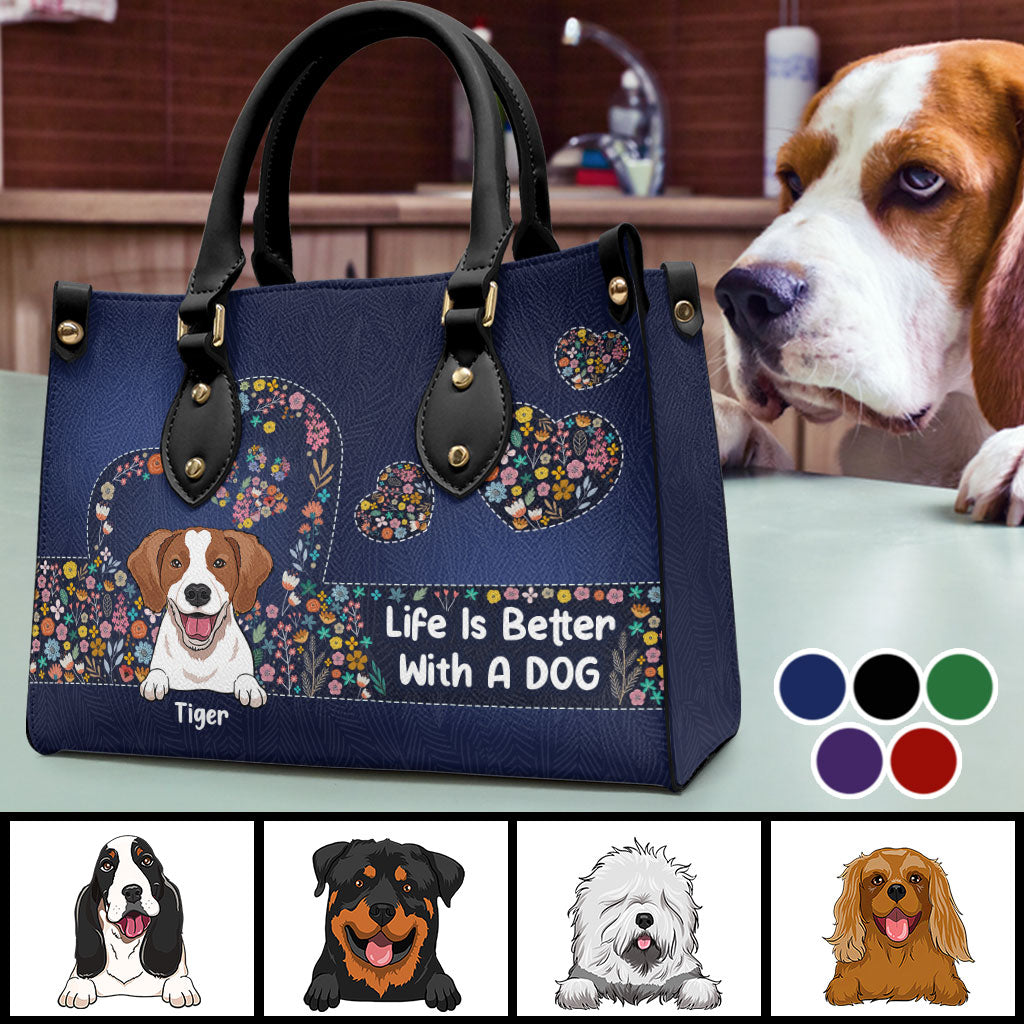 Das Leben ist schöner mit Hunden – personalisierte Lederhandtasche mit Hundemotiv