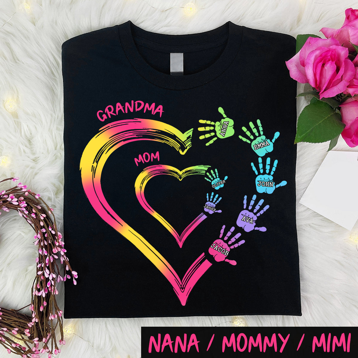 Beliebiger Titel für Mutter und Oma, Doppelherz, bunt - Personalisiertes Oma-T-Shirt und Hoodie