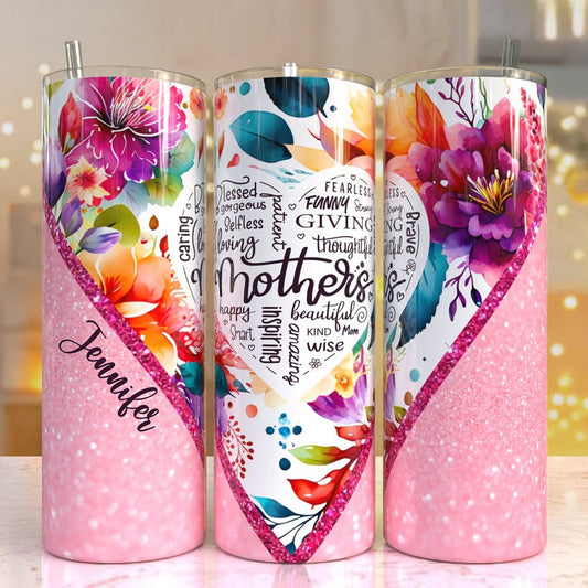 „Mothers Is Beautiful“ – Personalisierter, schmaler Trinkbecher mit lebendigem Blumenmuster