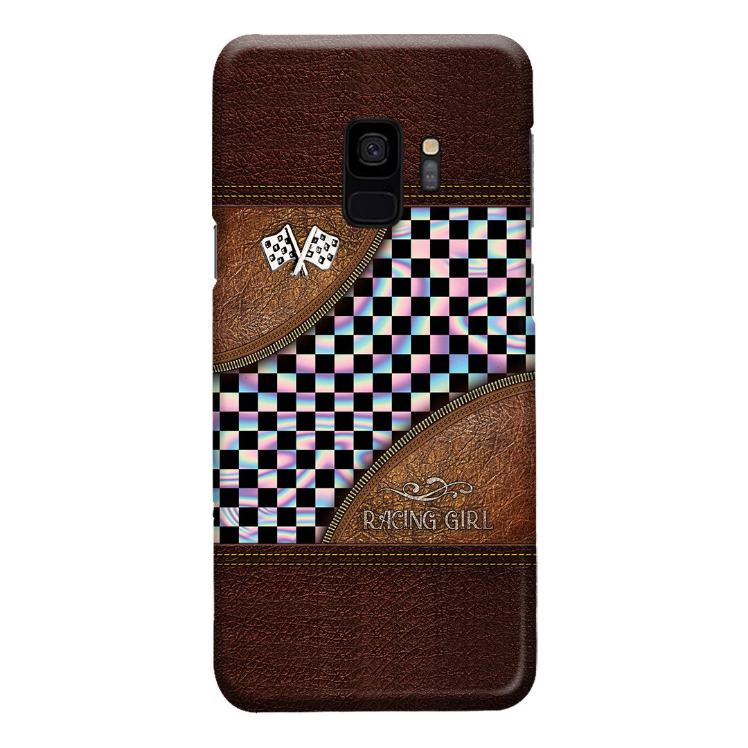 Handyhülle aus Leder mit Rennfahrer-Motiv